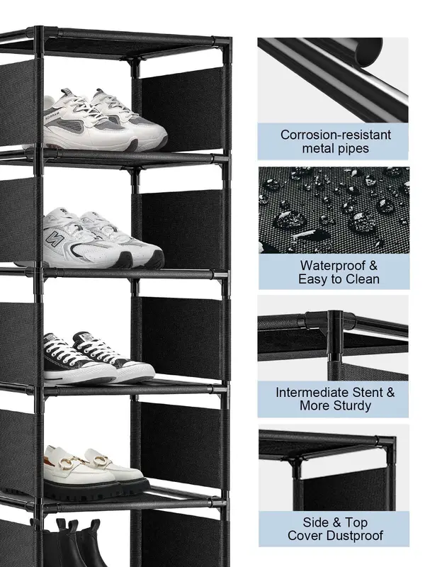 GoDyna 10 Tier Narrow Shoe Rack, Tall Metal Shoe Storage Rack for 10 Pairs Shoes Space-Saving Organiser Shelf for Bedroom Entryway Hallway Dorm Room Cloakroom (Black) 5
