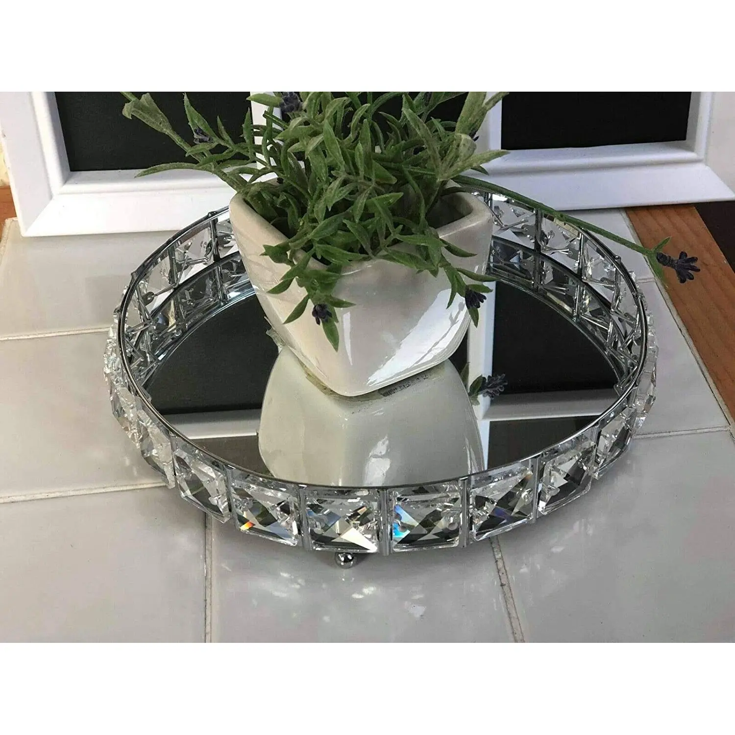 Biznest 20Cm Round Shape Mirror Candle Tray Jewelled Diamante Mirrored Tray Crystal Candle Plate Decor Ornaments