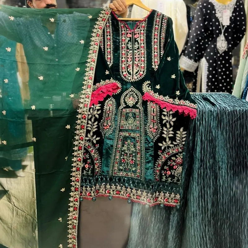 Agha Noor Heavy Velvet 3 Piece with Crushed Plazzo - Green Blue - Sizes M/L/XL - Chiffon, Casual 0