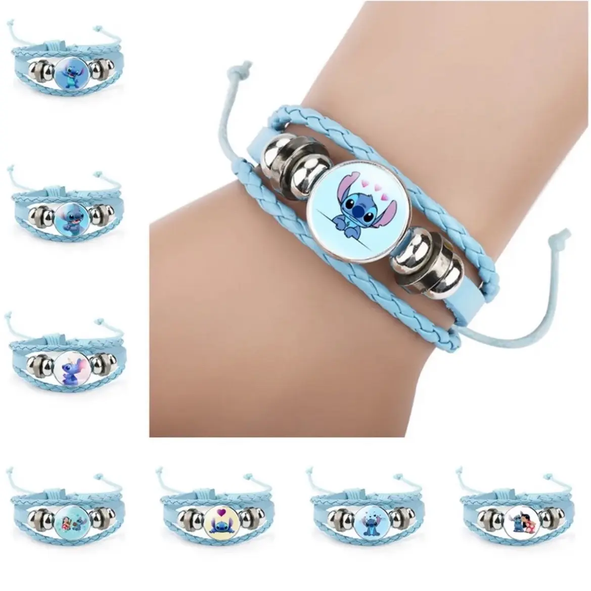 Stitch - Handmade Woven Bracelet Sapphire Blue, Pink & Black Multilayer Cowhide Pendant Rope Bracelet - Animation Surrounding - Kids Birthday / Christmas Gift