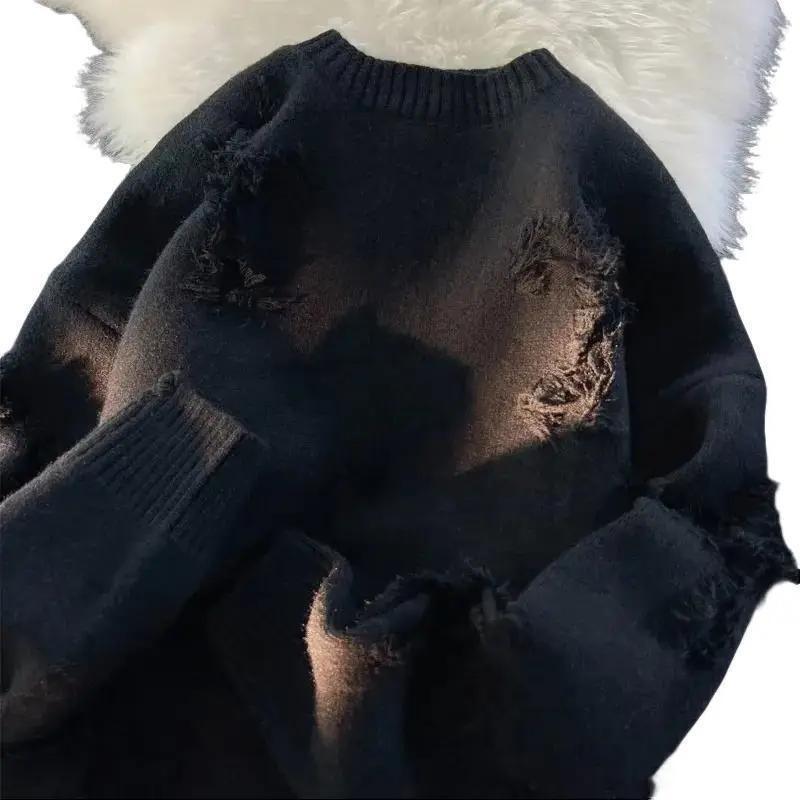 2025 Autumn and Winter Sweater Men's New Retro Ripped Tassel Loose All-match Knitted Sweater Pullover Long Sleeve Pullover Knitwear Menswear Tops Longsleeves Crewneck Round Neck Lawn Beige Casual Plain 7