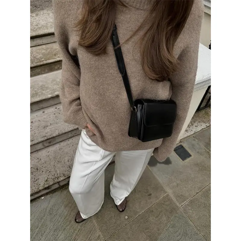 Casual Brown O-Neck Knitted Cashmere Pullover Women Fashion Full Sleeve Loose Commute Jumper 2024 Autumn Lady Street Outerwears 3
