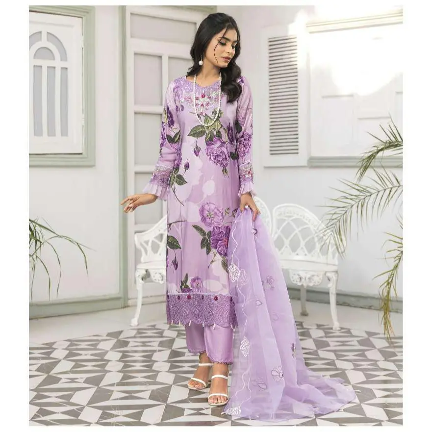 SIMRANS 'BAHAR LINEN' Printed Embroided Shirt with Organza Embroidery Dupatta for Women - Casual Style - Womenswear