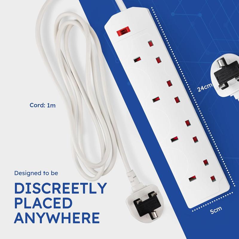 White Electric Extension Lead - 4 Gang, 1 Metre Cable with UK Plug & 3 Pin Socket - Wall Mountable & Multi Socket Mains Strip for Home, Bedroom, Kitchen, & Office (1 Pack) 2