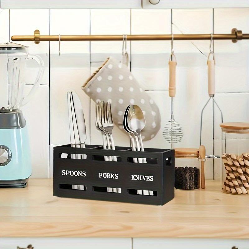 Rustic Wooden Kitchen Utensil Holder with Sturdy Iron Handle - 3-Compartment Organizer for Spoons, Forks, Knives - Perfect for Home & Restaurant Storage Kitchen Knives Knife 2