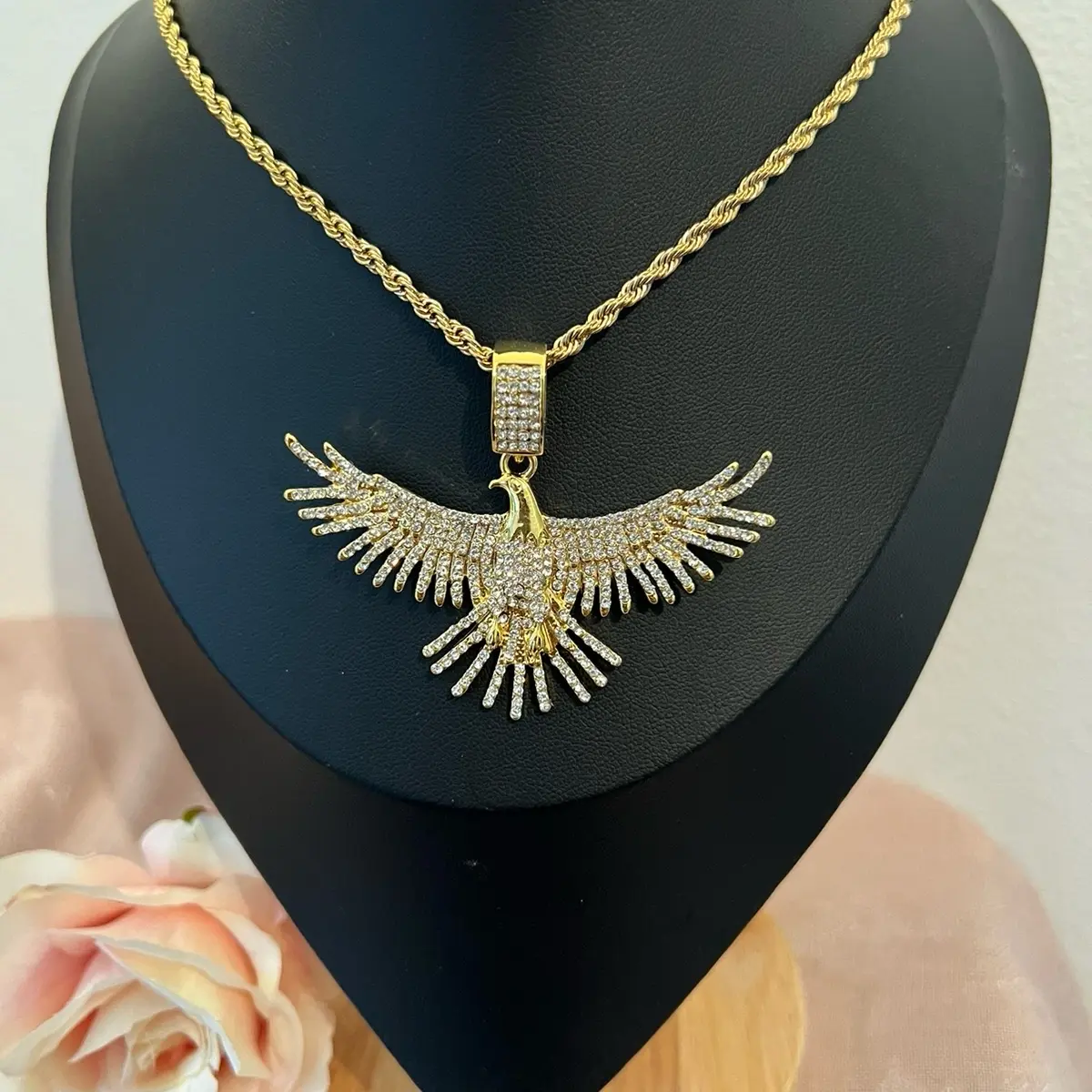 Large Golden Eagle Thick Twist Necklace with Pendant - Gold Plated with Zirconia Embellishment