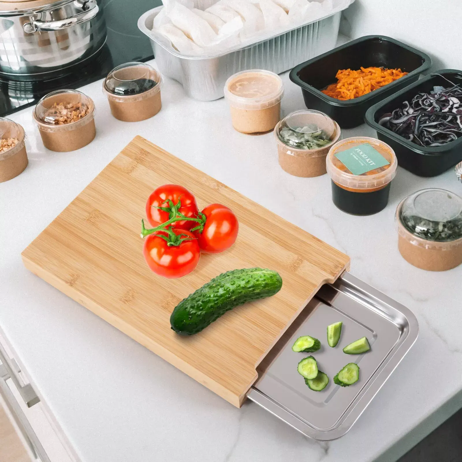Wooden Bamboo Chopping Board Cutting Slicing With Sliding Stainless Steel Tray