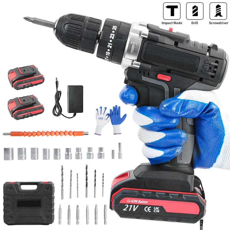 21V Cordless Combi Hammer Impact Drill Driver Electric Screwdriver Kit+2 Battery 0