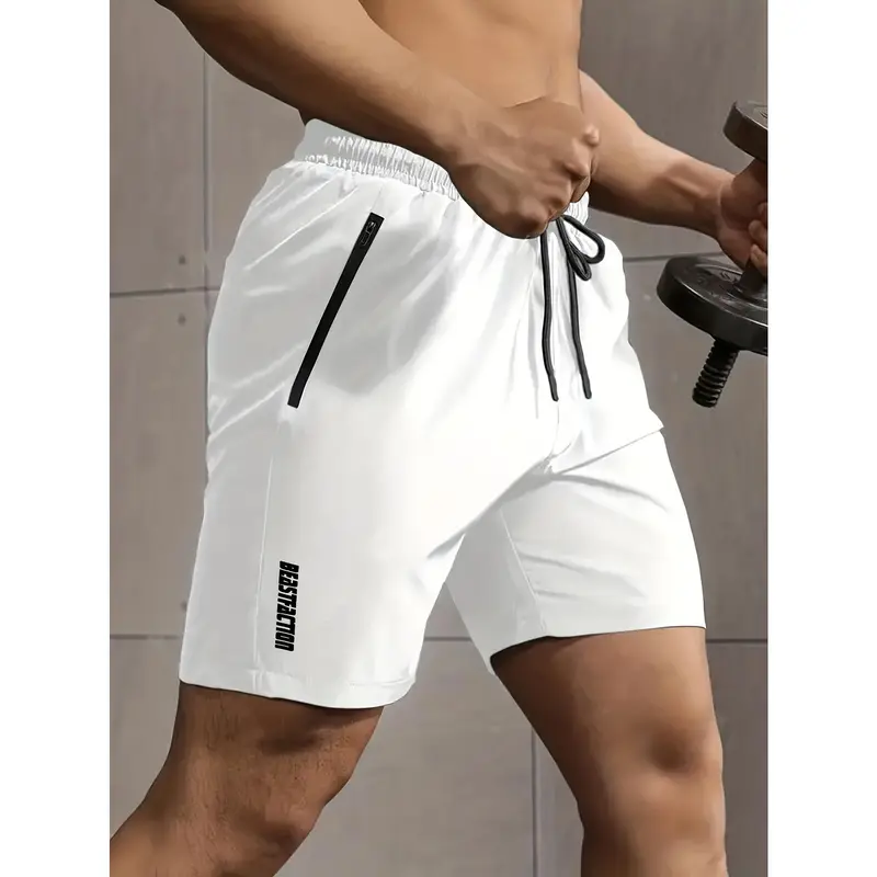 Active Elastic Waist Shorts - Men's Solid Drawstring Shorts With Zipper Pockets For Summer Outdoor Fitness 5