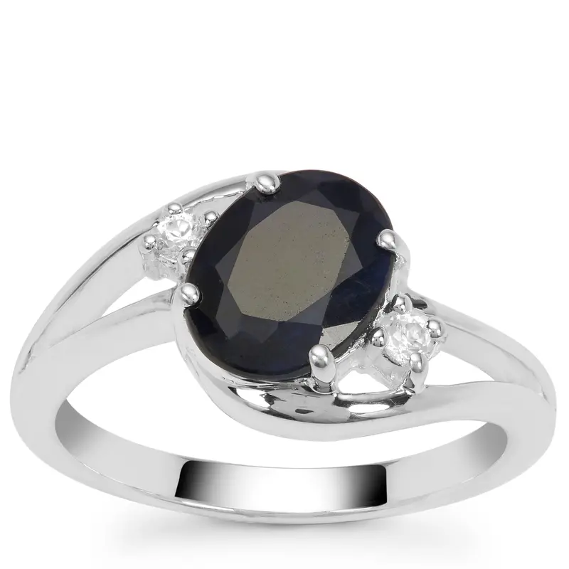 Madagascan Blue Sapphire & White Zircon Silver Ring 2