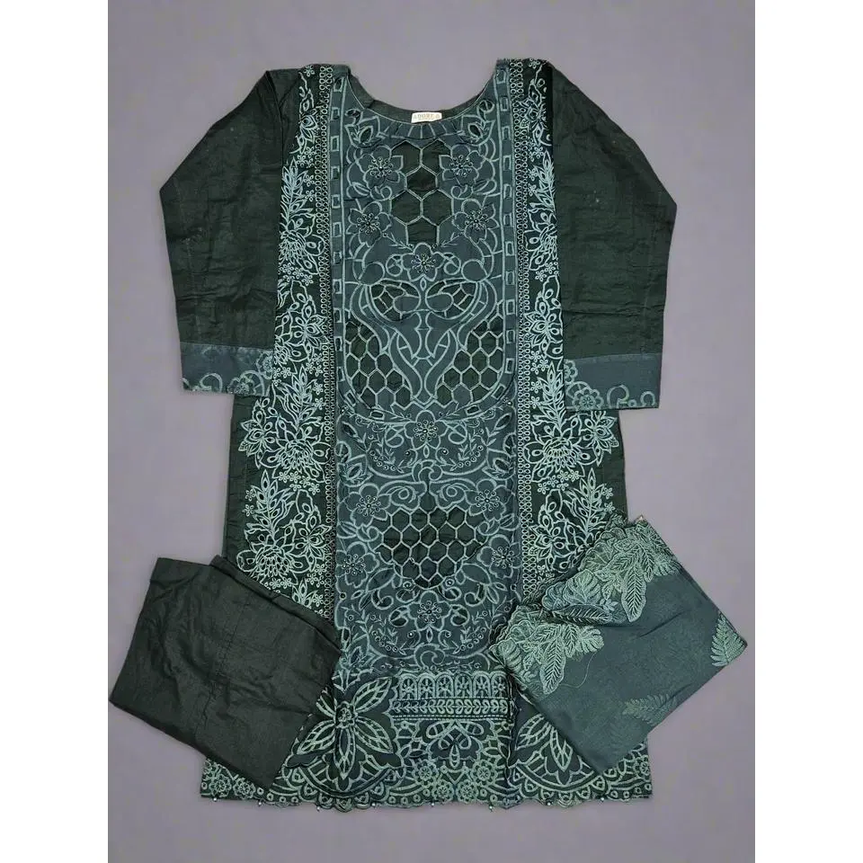 MB dark evergreen chiken kari embroidery cotton shalwar kameez with embroidered dupatta in sizes [M to 7XL] - Womenswear traditional comfort plus size clothing elegant - Gorgeous, fit