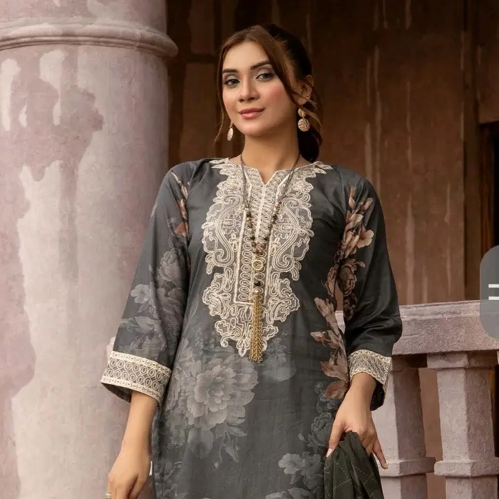 A printed lawn ensemble with embroidered patches and chiffon dupatta. Its sleeves are also adorned with lovely embroidered patches details. Enjoy a delightful look with this gorgeous ensemble.