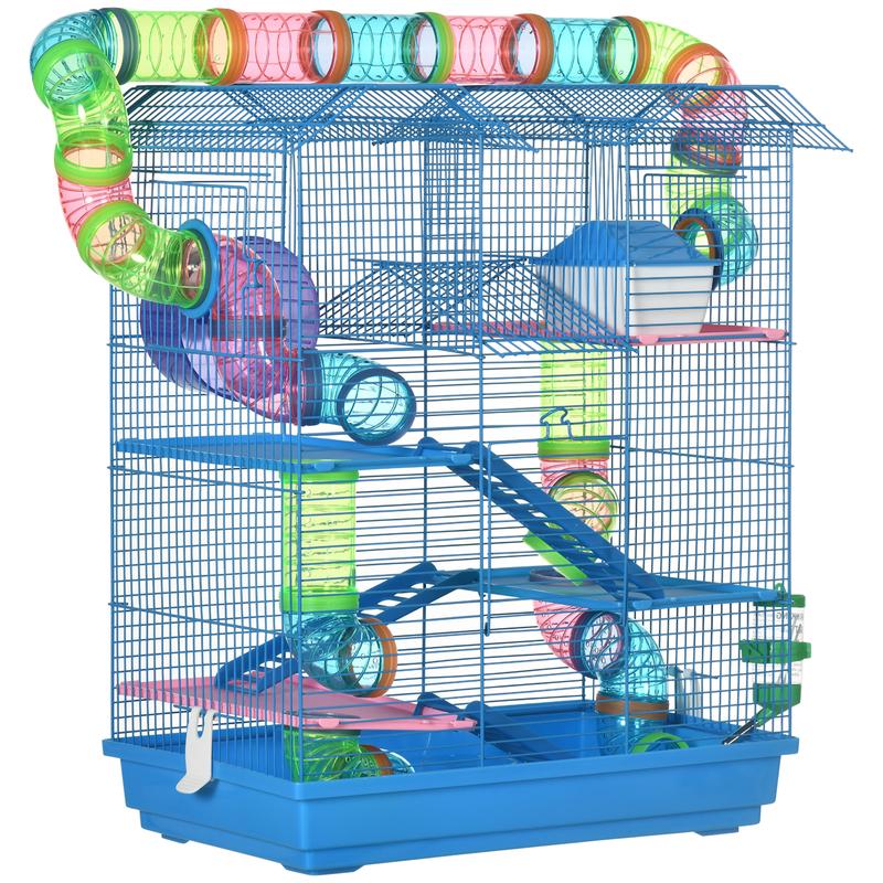 PawHut 5 Tier Hamster Cage Carrier Habitat with Exercise Wheels Tunnel Tube Water Bottle Dishes House Ladder for Dwarf Mice, Blue 0
