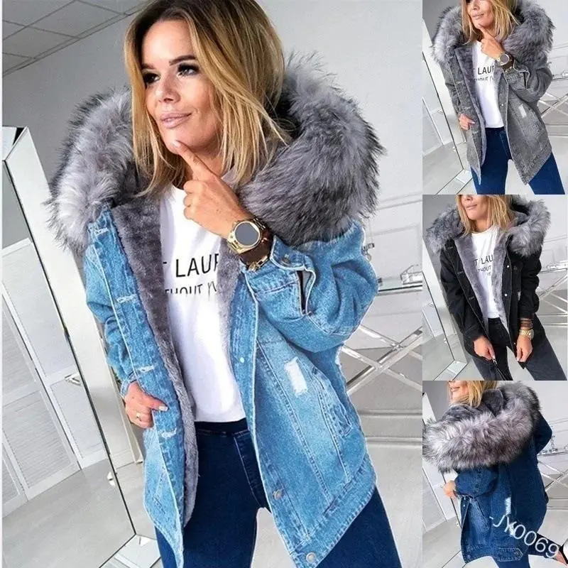 2025Women Fashion Long Sleeve Denim Jacket Collar Hooded Coat Autumn Winter Warm Thicken Lining Denim Coat Outerwear Womenswear Tops Comfort Fitted Casual Basic Minimalist