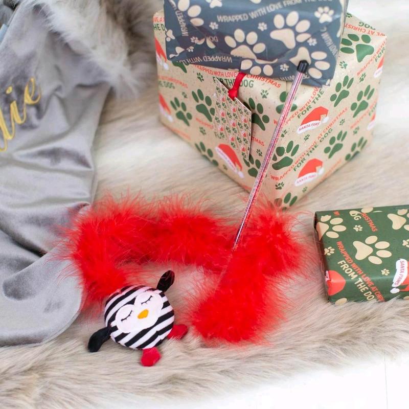 Striped Penguin Feather Teaser Cat Toy | Festive Wand Christmas Interactive Gift for Cats & Kittens by Cupid & Comet 1