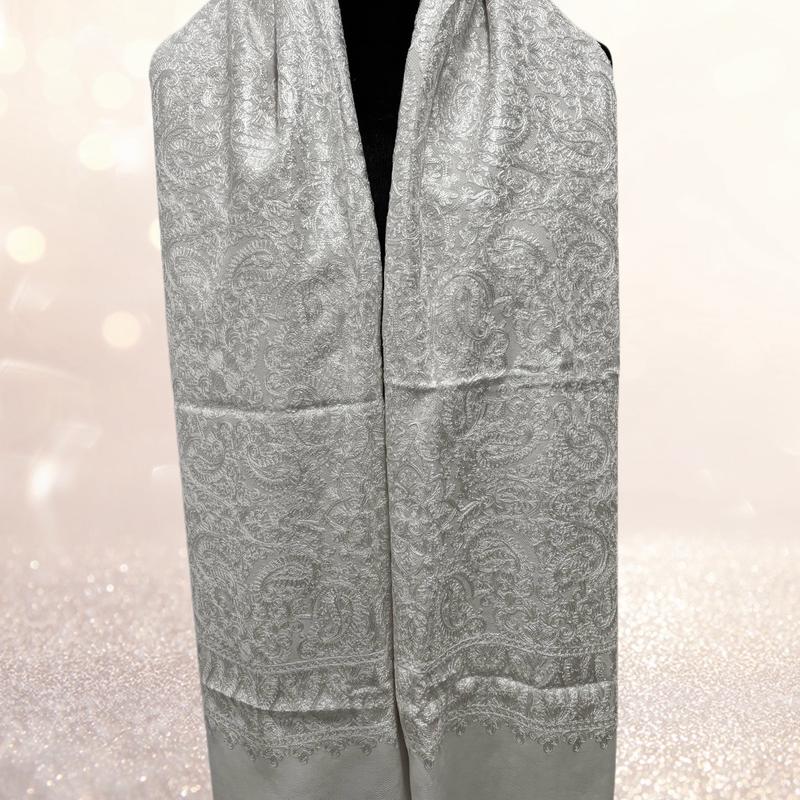 Luxurious  fine Kashmiri Embroidery Shawl Scarf Wrap  Hijab Fine Wool White on White 1