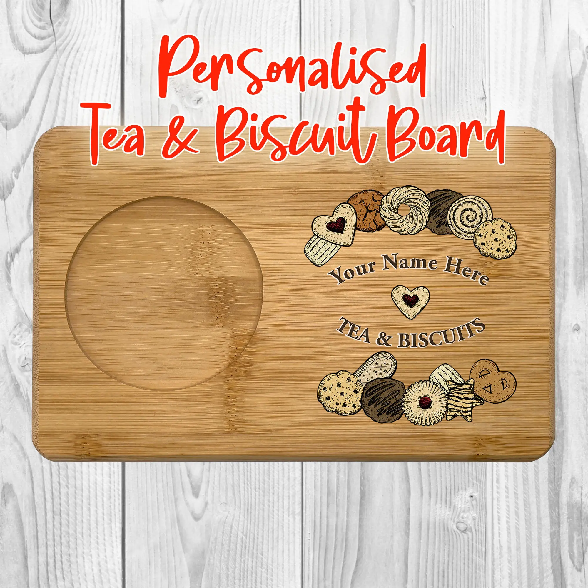 Personalised Tea & Biscuit Board, Birthday Gift For Grandma Grandad, Housewarming Gift Tray For Afternoon Tea and Biscuits, Tea Lovers Bamboo Wood