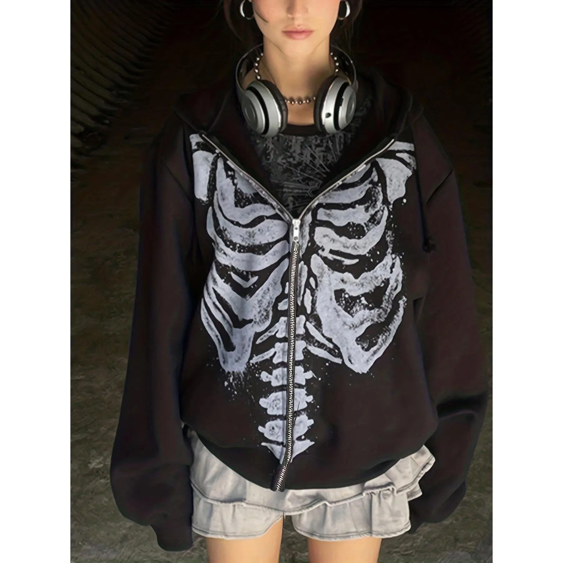 Trendy Y2K Skeleton Print Zip Up Hoodie - Comfortable Oversized Sweatshirt Jacket with Practical Pockets - Perfect Casual Wear for Fashion-Savvy Women