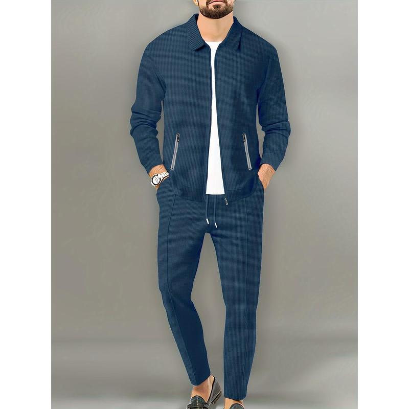 [2-Piece Breathable Comfy Outfit] Men's Casual 2-Piece Outfit, Solid Color Jacket & Drawstring Pants Set, Breathable Comfy Full Zip Jacket & Pants Set 2