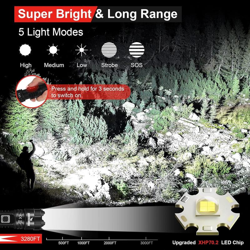 Torches LED Super Bright, 30000 Lumens Rechargeable LED Torch, USB Tactical Flashlight, XHP70.2, IP67 Waterproof, 5 Light Modes Zoomable, for Camping Hiking Emergency [Energy Class A+++] 5