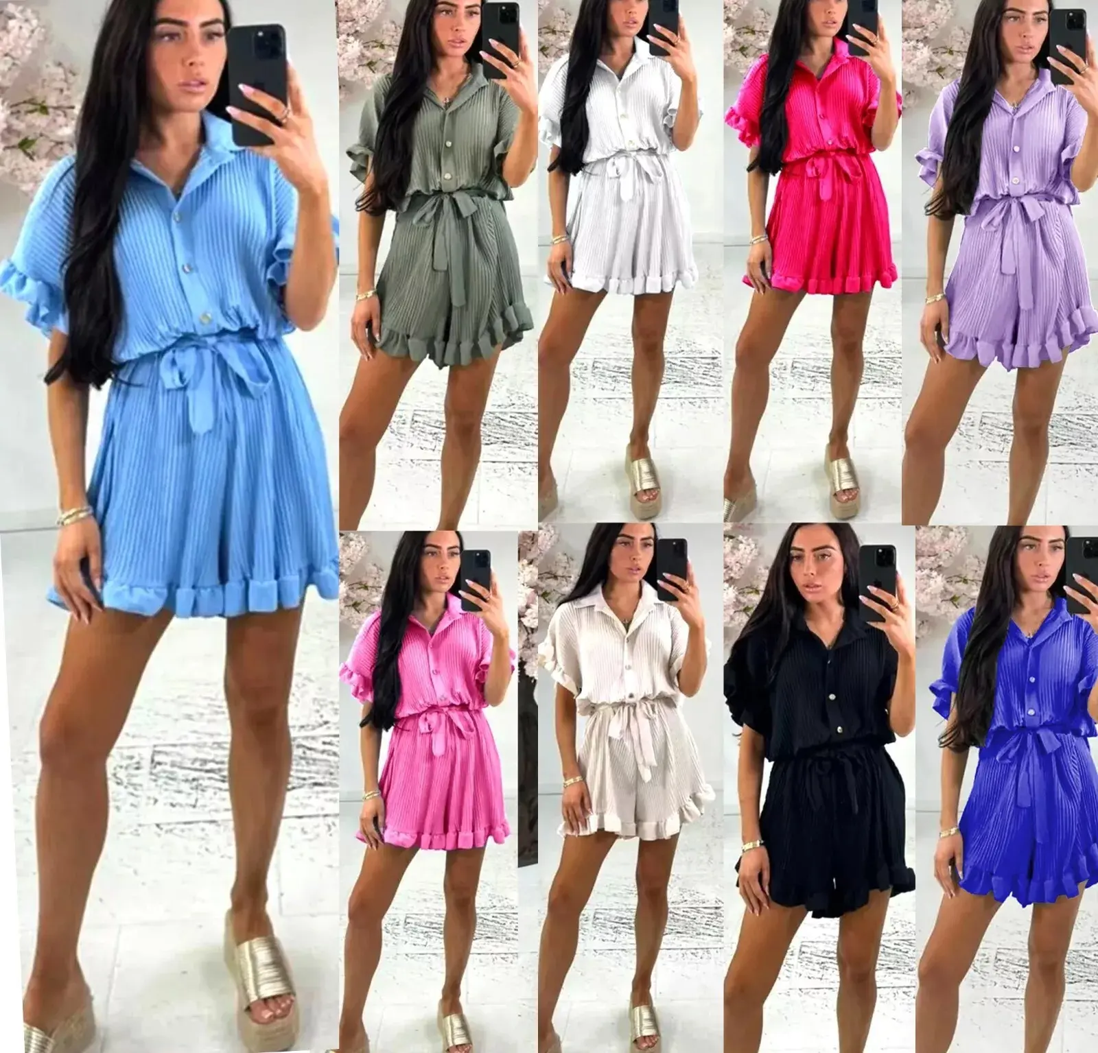 Ladies Pleated Belted Play Suit Collard Smock Frill Shirt