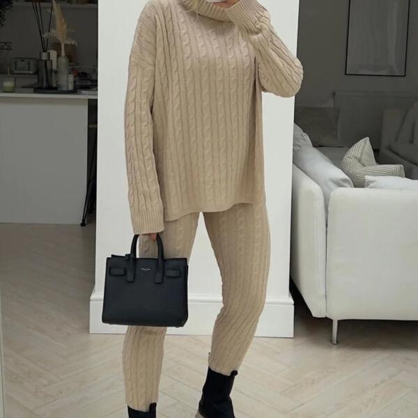 Women's Cable Knit Leggings Set with Roll Neck - Bottoms, Womenswear 5