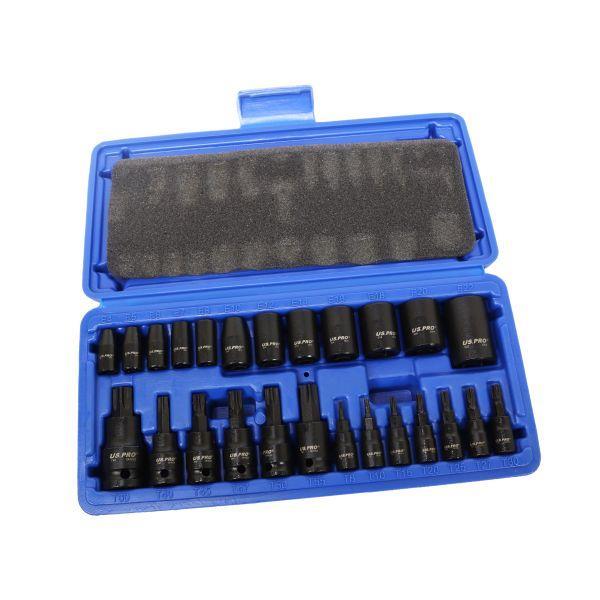 US PRO Tools 25pc 1/4 3/8 1/2” DR Impact E-Star Sockets & Star Bit Sockets Torx M&F 7521 1