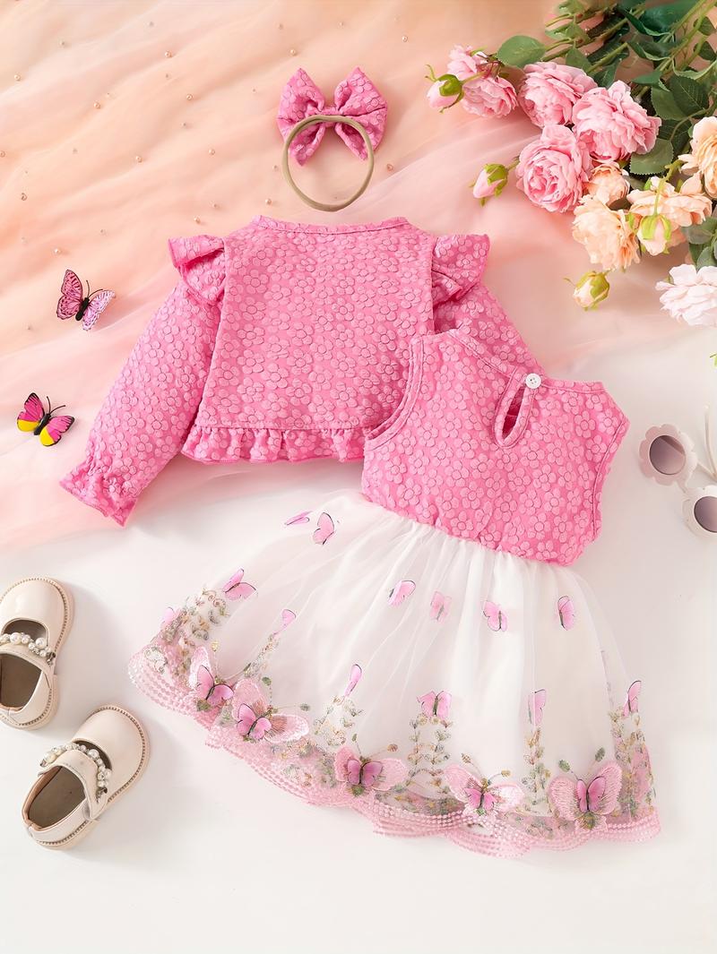 Product Introduction of 3pcs Fashion Casual Girl Butterfly Style Long Sleeve Ruffle Short Top + Sleeveless Mesh Butterfly Dress + Bow Hair Tie 12
