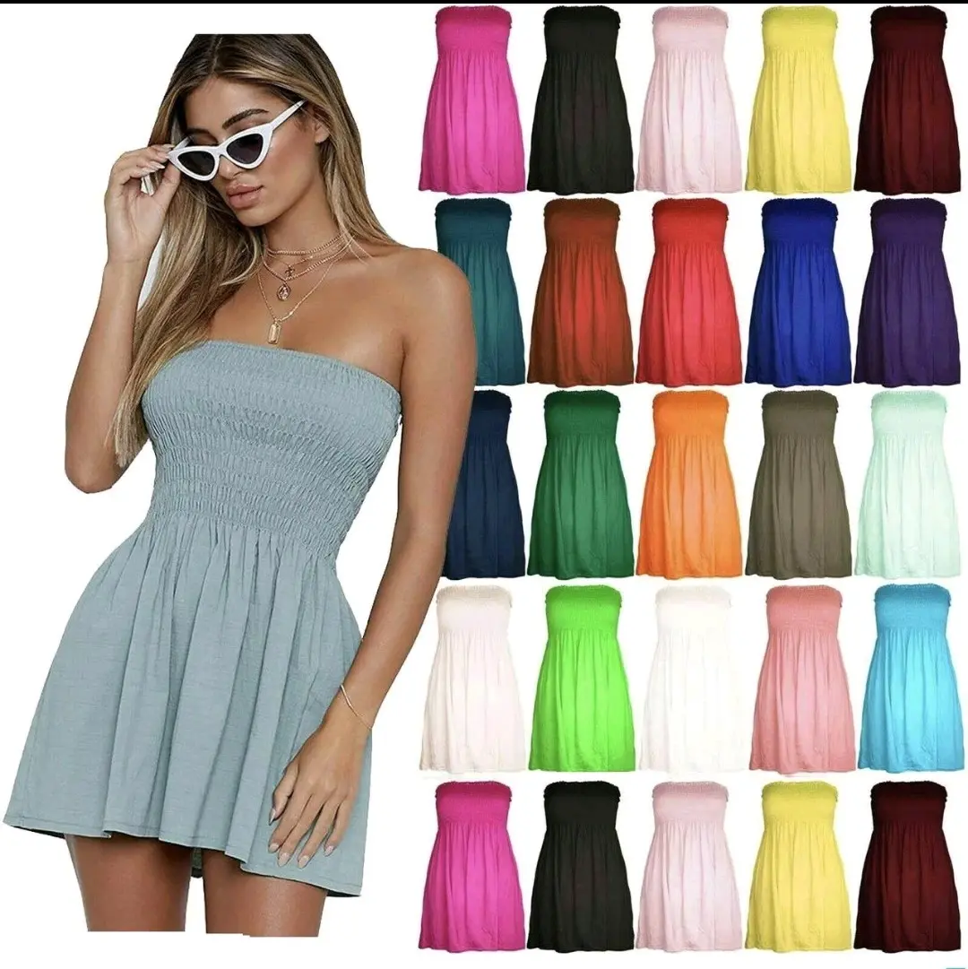 STY Ladies Sheering Gather Boobtube Strapless Bandeau Summer Mini Dress Top Beachwear Coverup Holidays Casual Womenswear Comfort Basic Sleeveless Comfortable Style Chic Casual Wear