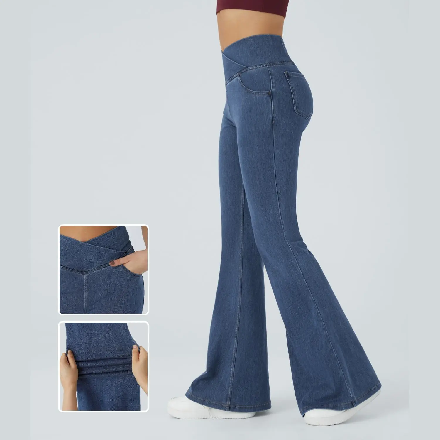 Women's Plain High Waisted Crossover Pocket Washed Stretchy Knit Casual Super Flare Jeans, Curve Fashion, Comfortable & Trendy Bottoms for Women, Tall/Petite,  Plus Size & Midsize, Spring & Summer Vibes, Fashion Week Must-have