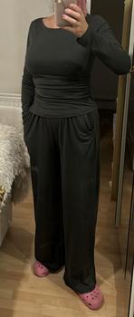 Product Review of Women's Solid Ruched Asymmetrical Tee & Elastic Waist Pocket Pants Two-piece Set, Casual Long Sleeve Boat Neck Top & Wide Leg Trousers for Spring & Fall, Tall Clothing Women, Gen Z Corporate Outfit, Winter Outfits, Rave 2 Piece Set,  Curve Fashion from C**t 0