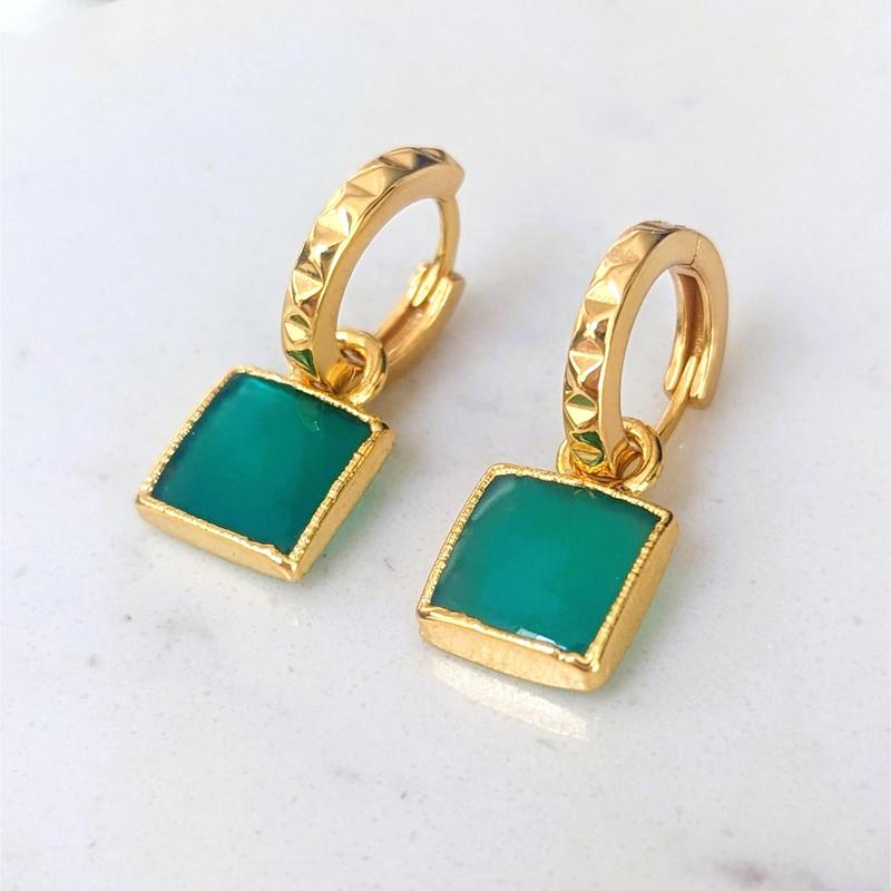 The Square Green Onyx Gemstone Hoop Earrings 2