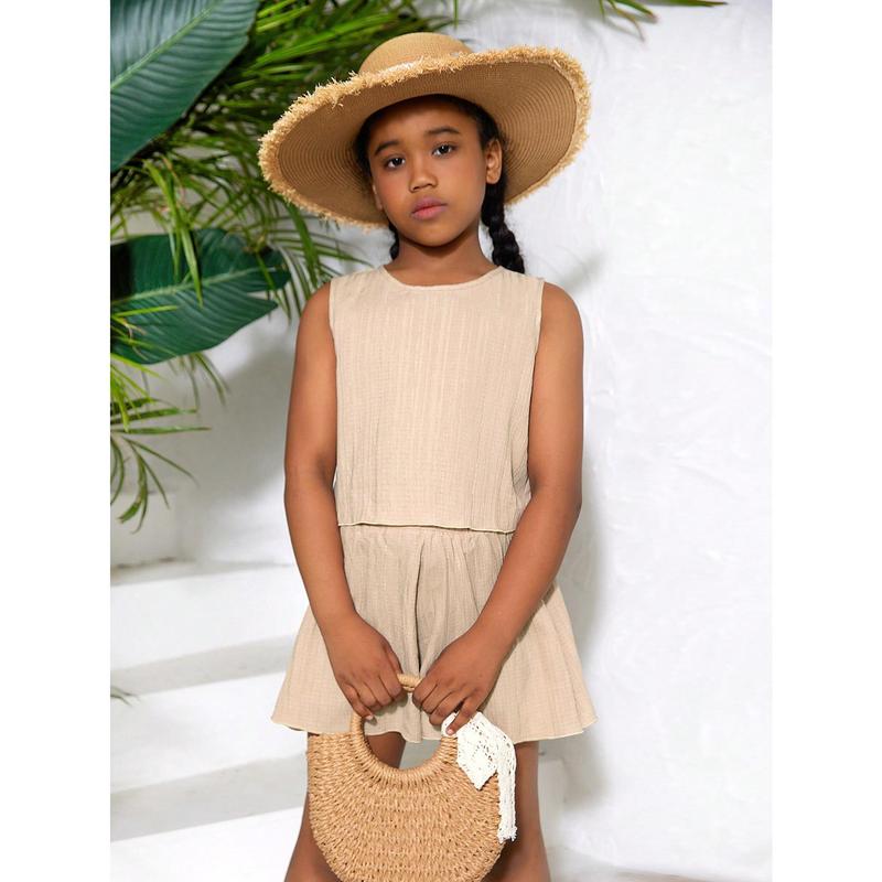 Tween Girl Casual Spring/Summer Solid Color Woven Sleeveless Top And Casual Shorts Set 5