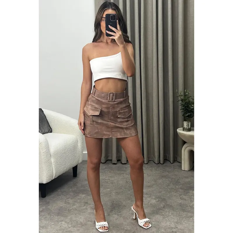 Dina Beige Tie Dye Belted High Waisted Cargo Skort 2