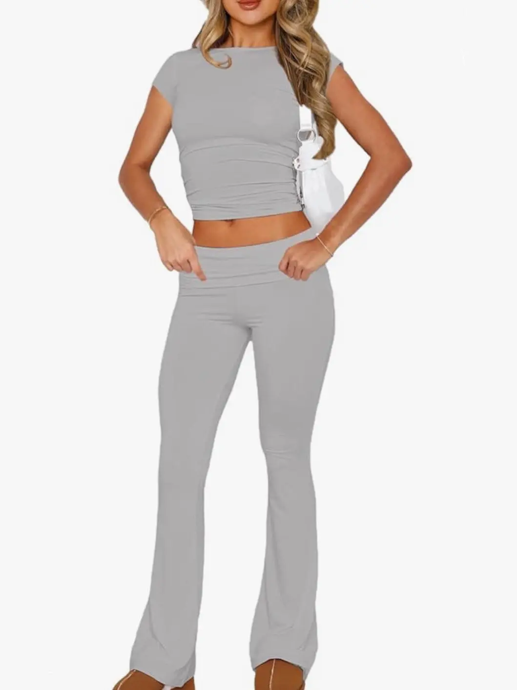 SheComfy Women's Solid Short Sleeve Crop Tee & Flare Leg Skinny Pants Loungewear Set, Casual Round Neck Top & Bell Bottom Leggings, Sleepwear Set for Women