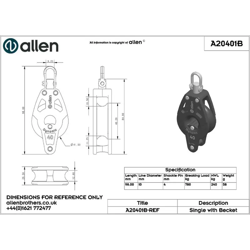Allen 40mm Dynamic Single Swivel Block With Becket - A20401B 1