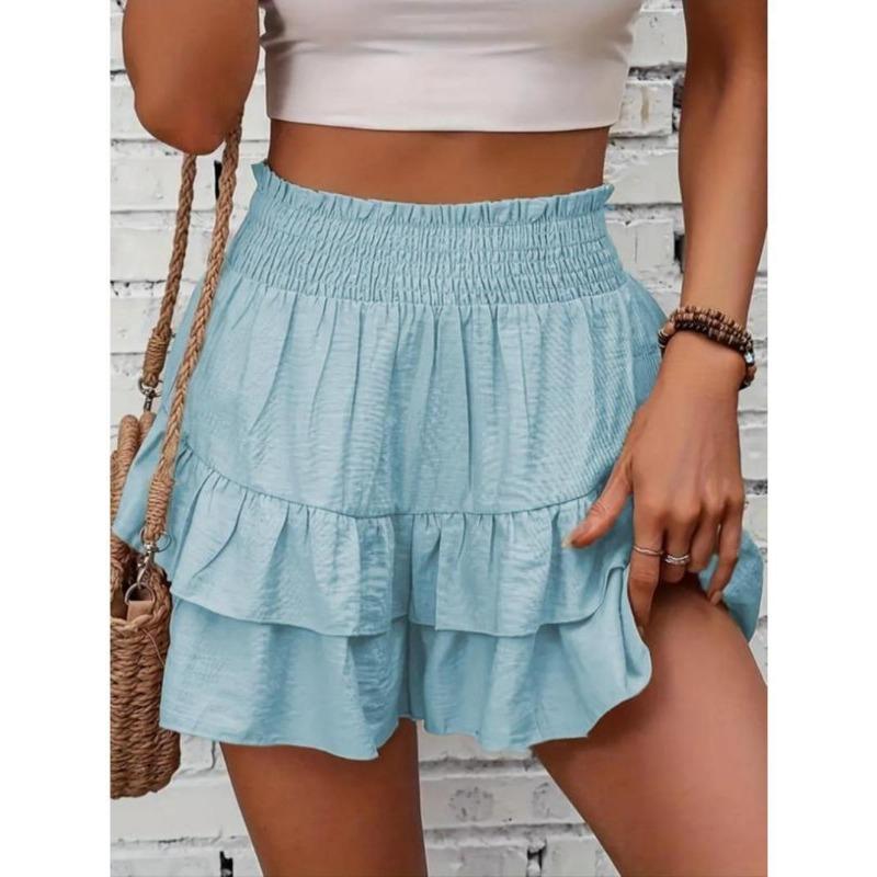 Women's Frill Trim Ruffle Hem Shirred High Waist Shorts, Boho Casual Tiered Layer Shorts for Spring & Summer, Summer Shorts for Women, Back To School, Ladies Elegance Minimalist Shorts, Wide Leg Shorts for Women, Ruffle Shorts 4