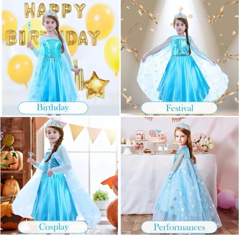 Elsa Costume Princess Dress, Elsa Dress with Wand and Crown Tiara Size 4-5years 4