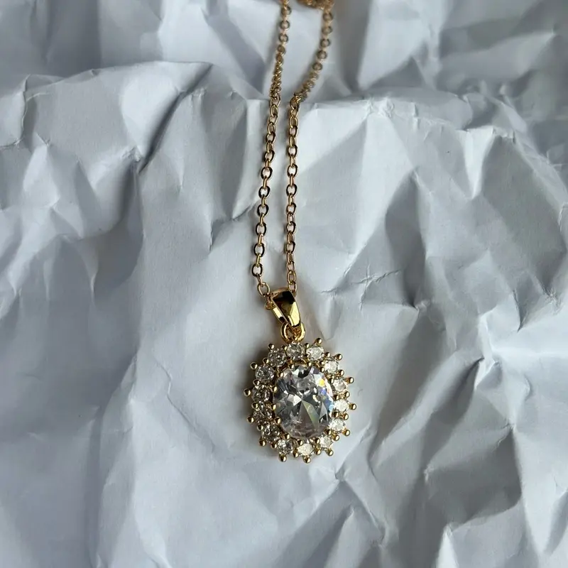Gold-Plated Necklace with Purple Stone and White Stones - Floral Halo Design 3