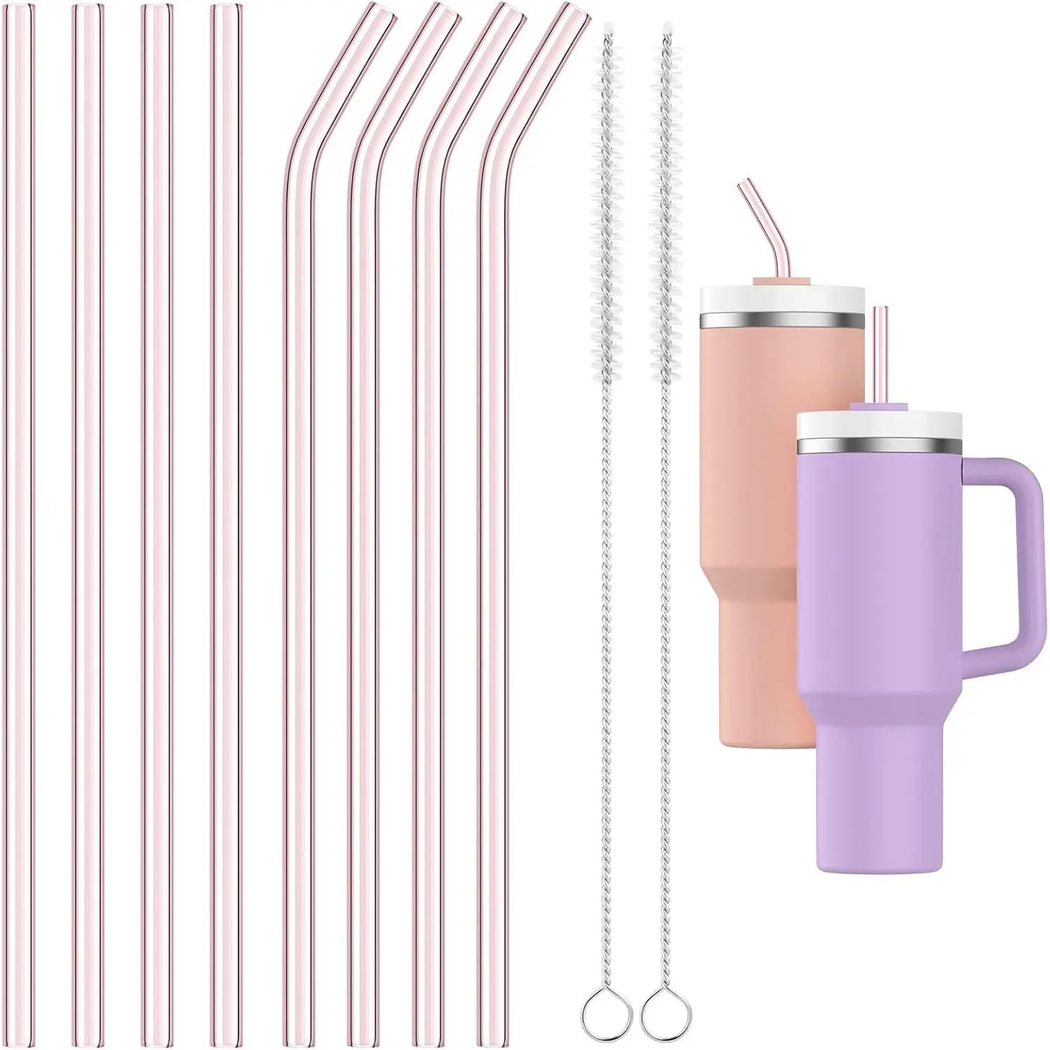 Replacement Pink Glass Straws for Cup 40oz, 8Pcs 31cm Long Diameter 1cm Borosilicate Glass Straws with 2Pcs Cleaning Brush, Extra Long Straws Compatible with Stanley 30/40oz Adventure Tumbler Drinkware Mug