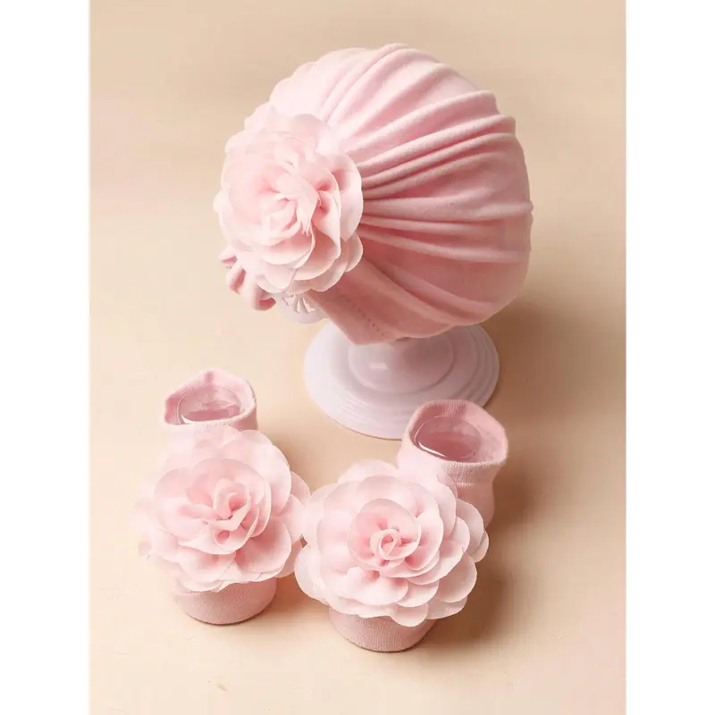 1pc Baby Pink Chiffon Flower Decor Headband And 1pair Baby Pink Anti-Slip Floor Socks, Suitable For Daily Wear Love Valentine 8