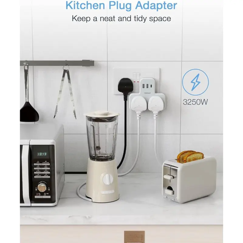 C Charger Plug Adapter UK, TESSAN Double Plug Extension Socket with Fast Charger, Multi USB Charging Station, MultiPlug Extender Compatible for Kitchen, School Supplies 3