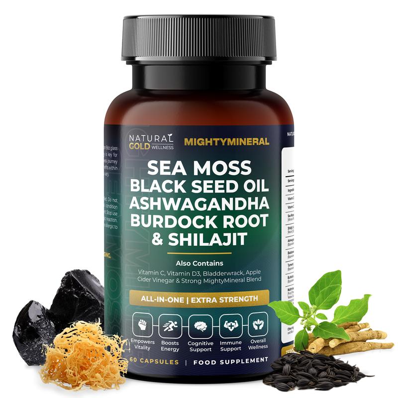MightyMineral - Shilajit 4000MG, Sea Moss 8000MG, Ashwagandha 2000MG, Black Seed 3000MG, Burdock Root 2000MG | 5 IN 1 | ALL-IN-ONE | Optimum Healthcare Edible Dietary Natural Wellness & Fitness Supplement Highly Potent Capsules- Vegan 0