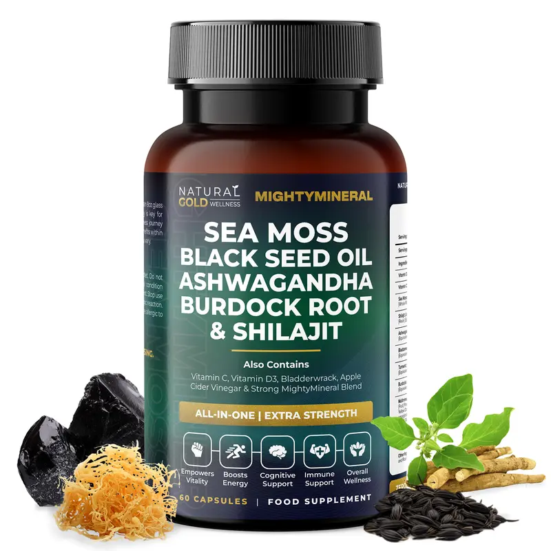 MightyMineral - Shilajit 4000MG, Sea Moss 8000MG, Ashwagandha 2000MG, Black Seed 3000MG, Burdock Root 2000MG | 5 IN 1 | ALL-IN-ONE | Optimum Healthcare Edible Dietary Natural Wellness & Fitness Supplement Highly Potent Capsules- Vegan 0