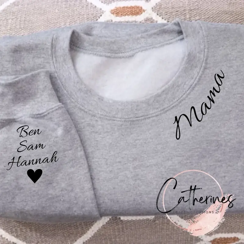 Personalised mama/mum/mummy jumper with children’s names on the sleeve Heart Soft Womenswear Day Hoodie Sweaters Tops, name around the neck 1