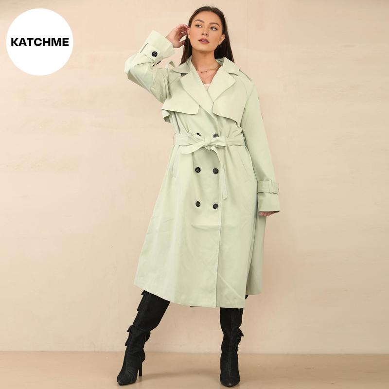 KatchMe Women's Oversized Premium Waist Tie Double Breasted Trench Coat (UK 8-22),High-End Outerwear Jacket,Plain Minimalist Side Pocket Lady's Outfits 2