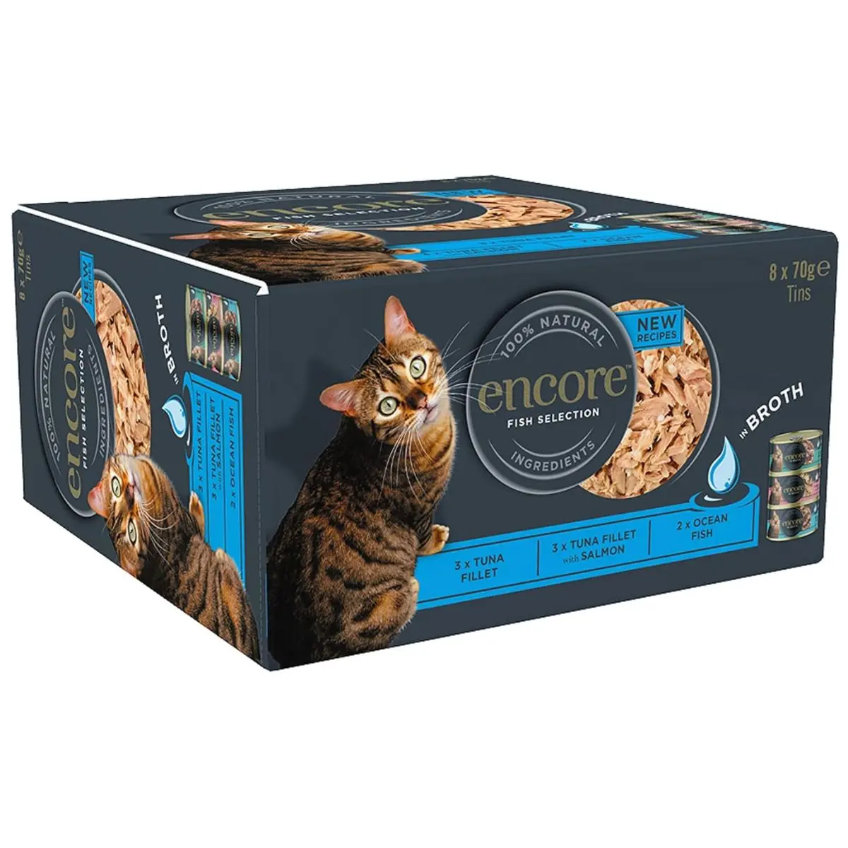 Encore 100% Natural Wet Cat Food, Multipack Fish Selection in Broth 70g Tin for Adult Cats, (8 x 70g Tins)