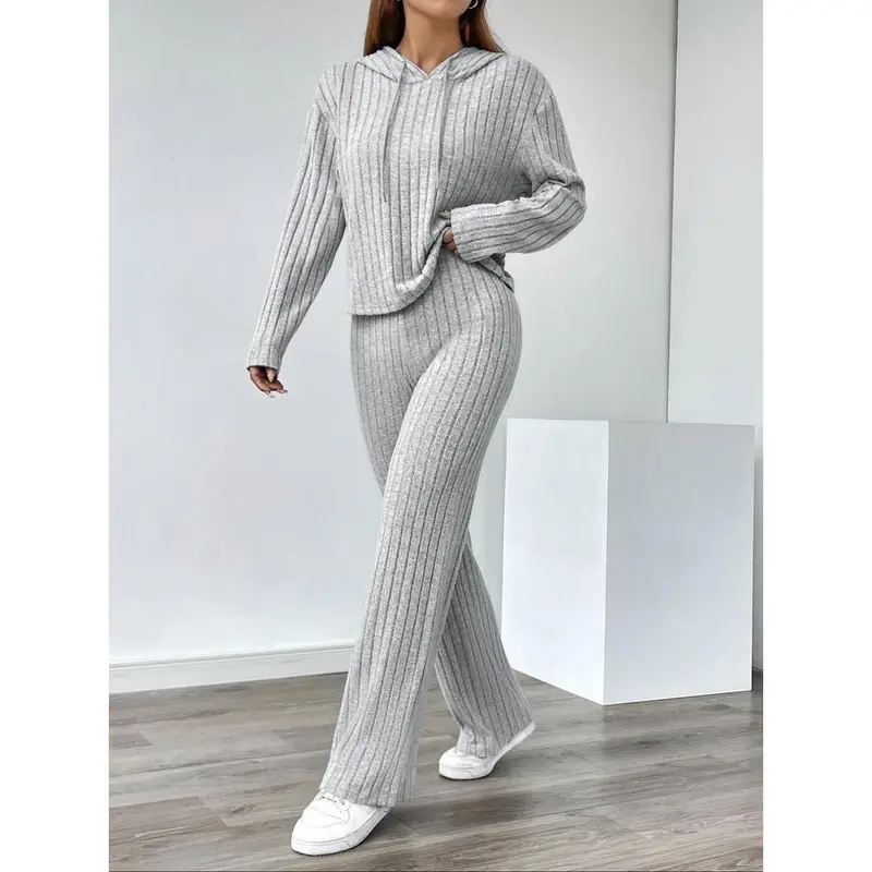 Women's Solid Color Drop Shoulder Drawstring Hooded Sweatshirt & Pants Ribbed Two-piece Set, Casual Fashion Cozy Breathable Two Piece Outfits for Daily Outdoor Wear, Ladies Clothes for All Seasons 8