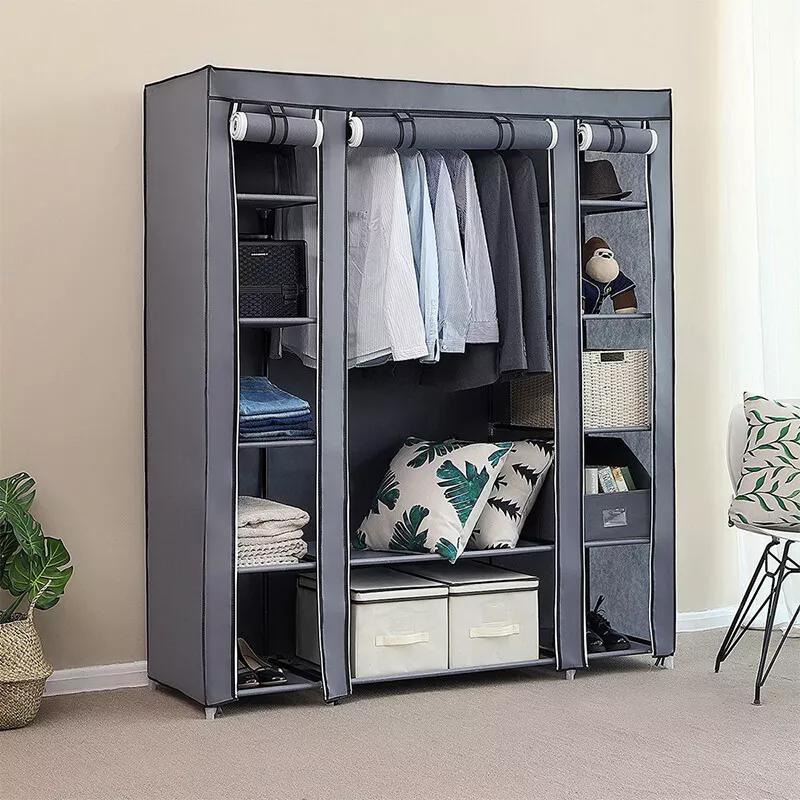Large Fabric Canvas Wardrobe with Hanging Rail and Shelves for Home Storage - Organiser, Racks 0