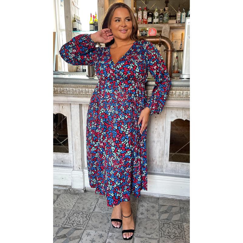 CurveWow Wrap Balloon Sleeve Midaxi Dress Leopard 1